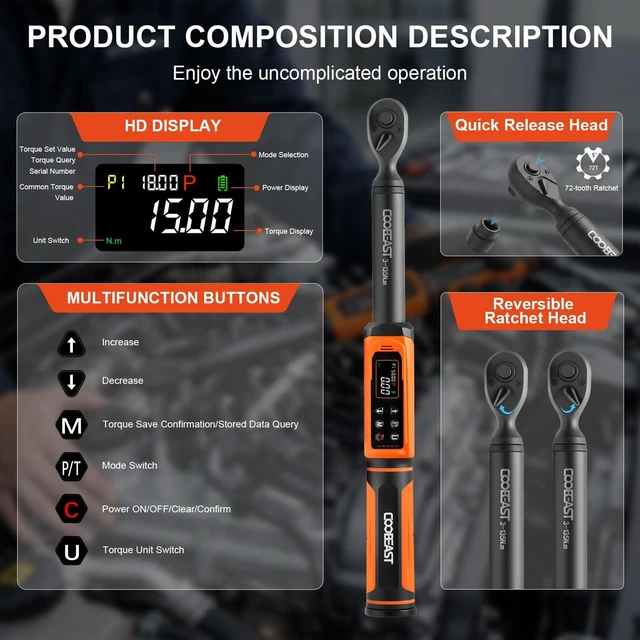 Alt view image 7 of 7 - Digital Torque Wrench 3/8 Drive,Preset Value(1.5-99.5Ft-lbs./2-135 Nm) Buzzer and LED Alert,±2% High Accuracy,72-Tooth, Quick Release,Reversible,Large Screen,for Bike Motorcycle,Gift for Men,DIY