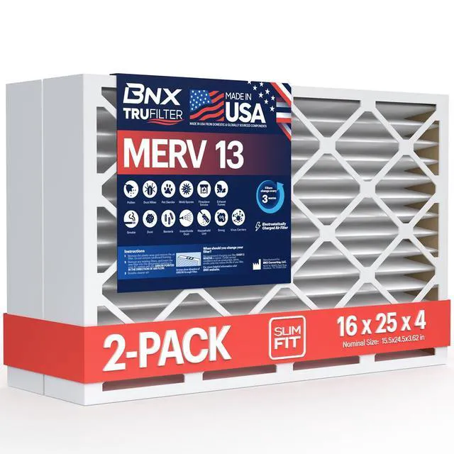 Main image of TruFilter 16x25x4 (15.5 x 24.5 x 3.63 Slim Fit) MERV 13 Air Filter (2-Pack) - MADE IN USA - Air Conditioner HVAC AC Furnace Filters Health, Allergies, Mold, Bacteria, Smoke, MPR 1900 FPR 10