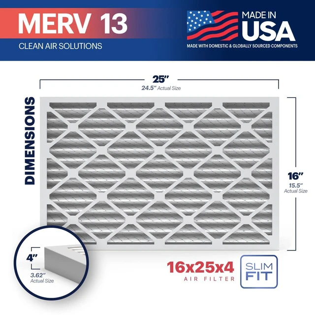 Alt view image 2 of 7 - TruFilter 16x25x4 (15.5 x 24.5 x 3.63 Slim Fit) MERV 13 Air Filter (2-Pack) - MADE IN USA - Air Conditioner HVAC AC Furnace Filters Health, Allergies, Mold, Bacteria, Smoke, MPR 1900 FPR 10