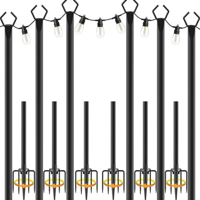 Main image of 10Ft String Light Poles 6 Pack,Light Poles for Outside Lights,Outdoor with Fence Brackets Hanging Lights,Metal Stand Deck Patio Backyard