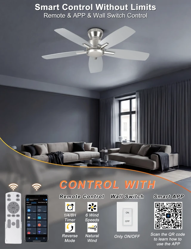Alt view image 3 of 7 - 42'' Low Profile Ceiling Fan No Light for Bedroom Kitchen, Silver Flush Mount, Remote/APP Control, Quiet Reversible DC Motor, 4400 CFM, for Indoor/Covered Outdoor Patio