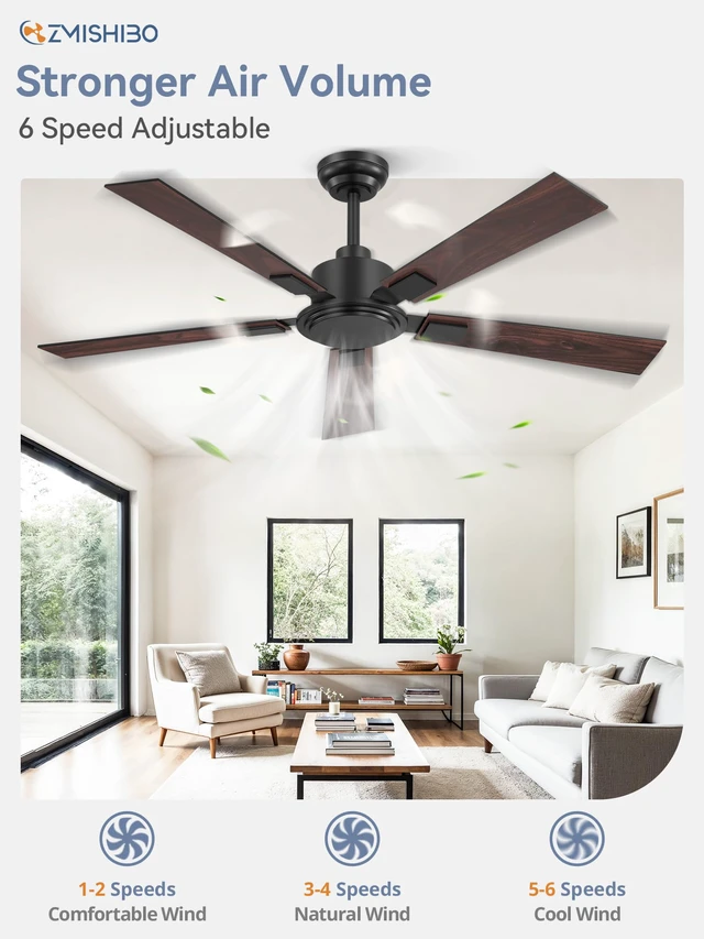 Alt view image 2 of 7 - 52 Inch Ceiling Fan No Light with Remote, 6-Speeds Quiet Reversible DC Motor, Black Ceiling Fan Without Light, Indoor/Outdoor Ceiling Fans for Patios, Living Room, Garage