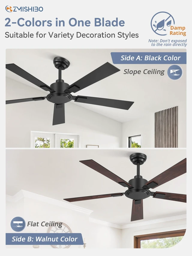 Alt view image 3 of 7 - 52 Inch Ceiling Fan No Light with Remote, 6-Speeds Quiet Reversible DC Motor, Black Ceiling Fan Without Light, Indoor/Outdoor Ceiling Fans for Patios, Living Room, Garage