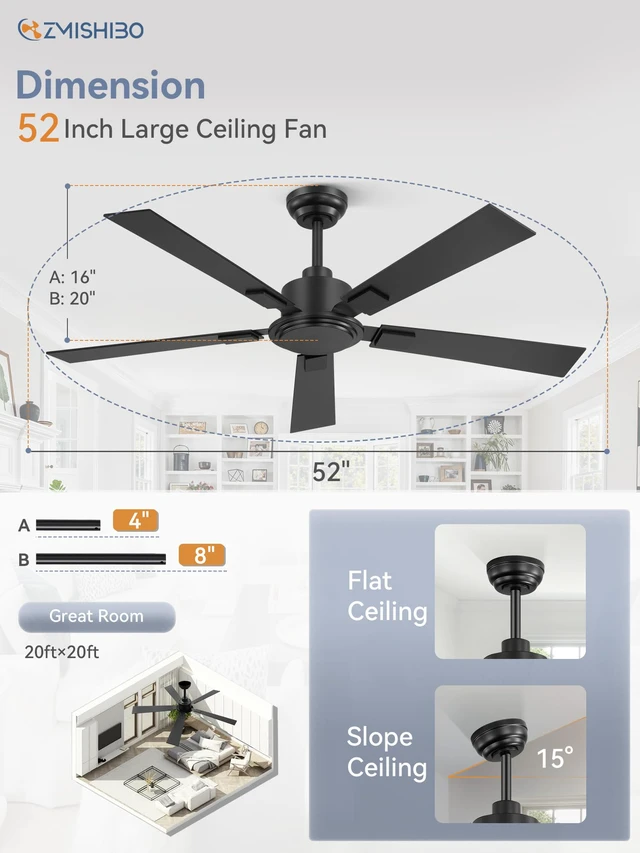 Alt view image 5 of 7 - 52 Inch Ceiling Fan No Light with Remote, 6-Speeds Quiet Reversible DC Motor, Black Ceiling Fan Without Light, Indoor/Outdoor Ceiling Fans for Patios, Living Room, Garage