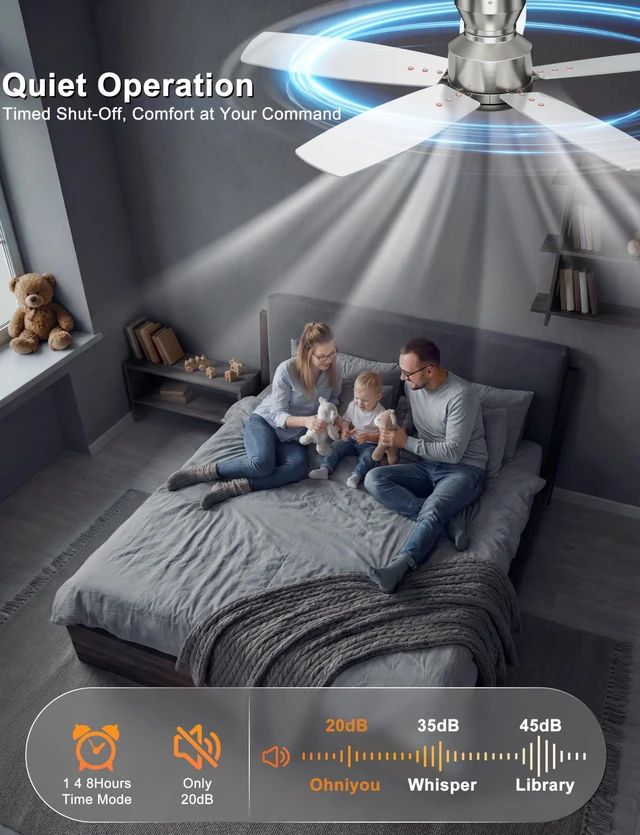 Alt view image 5 of 7 - 42'' Low Profile Ceiling Fan No Light for Bedroom Kitchen, Silver Flush Mount, Remote/APP Control, Quiet Reversible DC Motor, 4400 CFM, for Indoor/Covered Outdoor Patio
