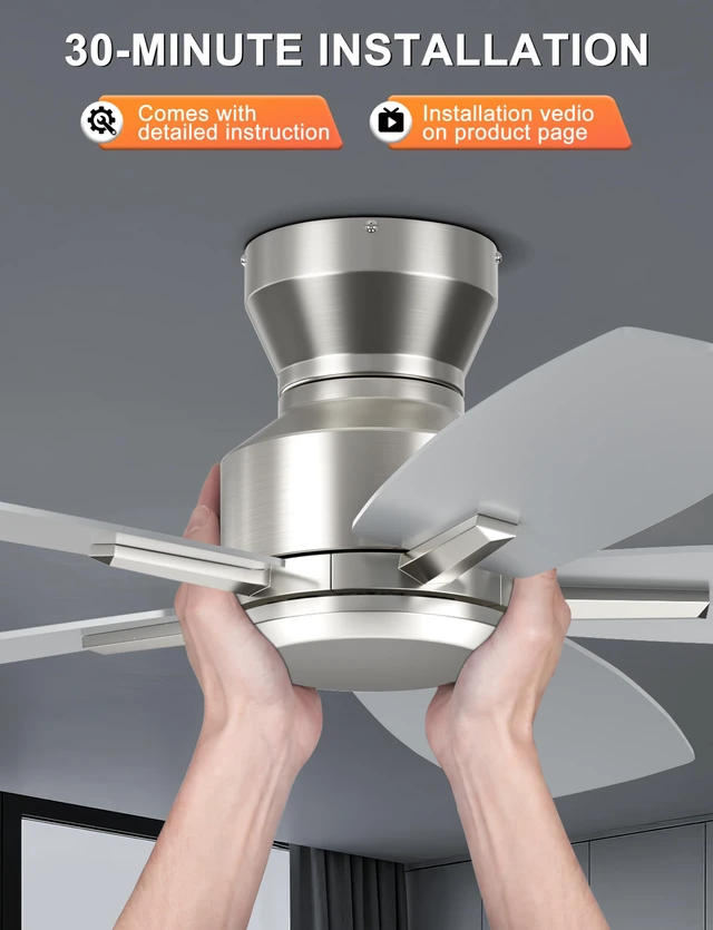 Alt view image 6 of 7 - 42'' Low Profile Ceiling Fan No Light for Bedroom Kitchen, Silver Flush Mount, Remote/APP Control, Quiet Reversible DC Motor, 4400 CFM, for Indoor/Covered Outdoor Patio