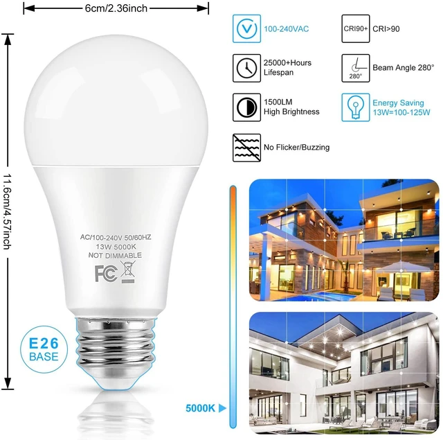 Alt view image 3 of 7 - LED Light Bulbs, 100 Watt Equivalent A19 LED Bulbs, 13W 5000K Daylight White 1500 Lumens Non-Dimmable Bright E26 Edison Medium Screw Bulbs for Home Bedroom Living Room Office Outdoor Lamp, 30-Pack