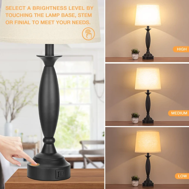 Alt view image 2 of 7 - Bedroom Lamps for Nightstand, 3 Way Dimmable Black Bedside Lamps with USB Touch, USB C+A Ports, Bulb Included, Beige Shade, Black, Bed Side lamps for Night Stands, Living Room