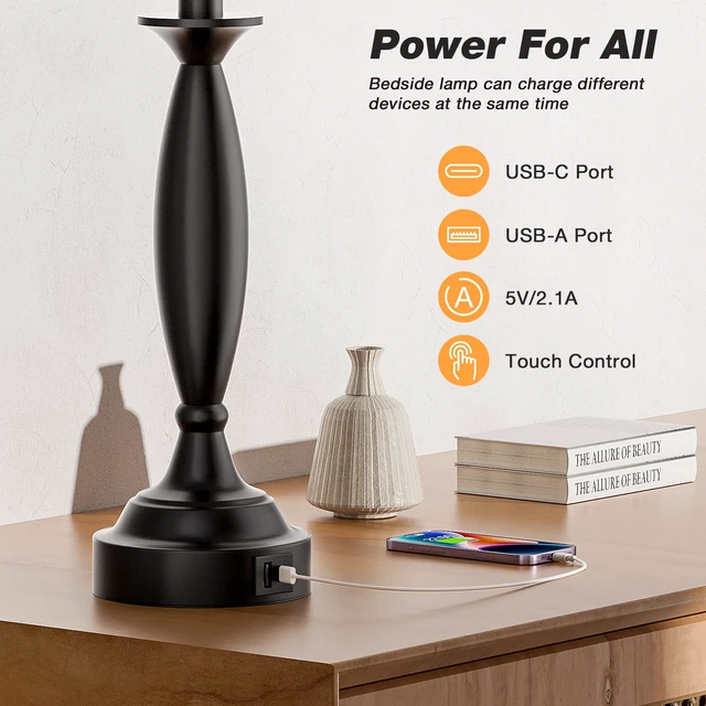 Alt view image 3 of 7 - Bedroom Lamps for Nightstand, 3 Way Dimmable Black Bedside Lamps with USB Touch, USB C+A Ports, Bulb Included, Beige Shade, Black, Bed Side lamps for Night Stands, Living Room
