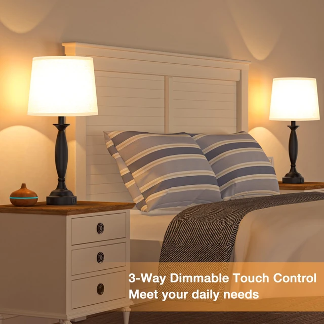 Alt view image 4 of 7 - Bedroom Lamps for Nightstand, 3 Way Dimmable Black Bedside Lamps with USB Touch, USB C+A Ports, Bulb Included, Beige Shade, Black, Bed Side lamps for Night Stands, Living Room