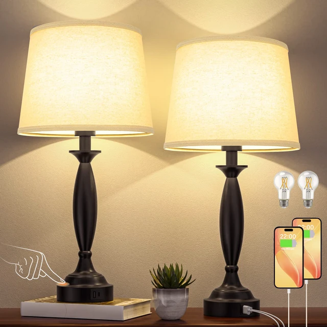 Alt view image 5 of 7 - Bedroom Lamps for Nightstand, 3 Way Dimmable Black Bedside Lamps with USB Touch, USB C+A Ports, Bulb Included, Beige Shade, Black, Bed Side lamps for Night Stands, Living Room