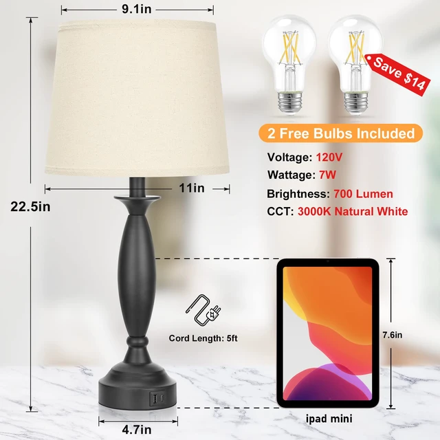 Alt view image 6 of 7 - Bedroom Lamps for Nightstand, 3 Way Dimmable Black Bedside Lamps with USB Touch, USB C+A Ports, Bulb Included, Beige Shade, Black, Bed Side lamps for Night Stands, Living Room