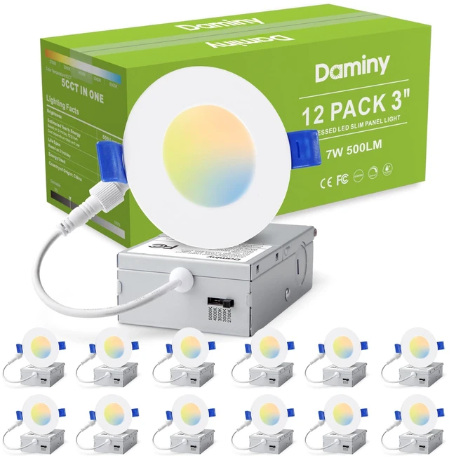 Main image of 12 Pack 3 Inch LED Recessed Lighting, Canless Wafer Downlight 5CCT, Ultra-Thin Recessed Light with Junction Box, Dimmable, 7W 500LM 120V, IC&Damp Rated