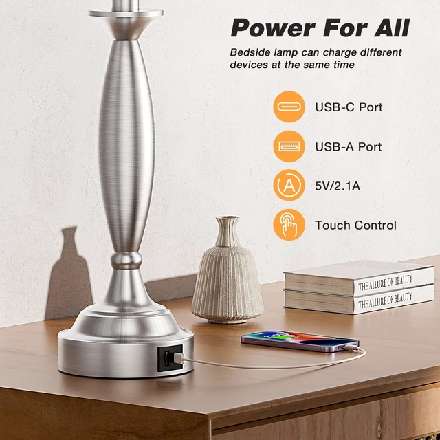 Alt view image 4 of 7 - Bedroom Lamps for Nightstand, 3 Way Dimmable Silver Bedside Lamps with USB Touch, USB C+A Ports, Bulb Included, Single, Gray Shade, Silver, Chrome, Bed Side lamps for Night Stands, Living Room