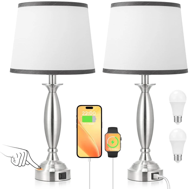 Main image of Bedroom Lamps for Nightstand, 3 Way Dimmable Silver Bedside Lamps with USB Touch, USB C+A Ports, Bulb Included, Grayish-white Shade, Silver, Chrome, Bed Side lamps for Night Stands, Living Room