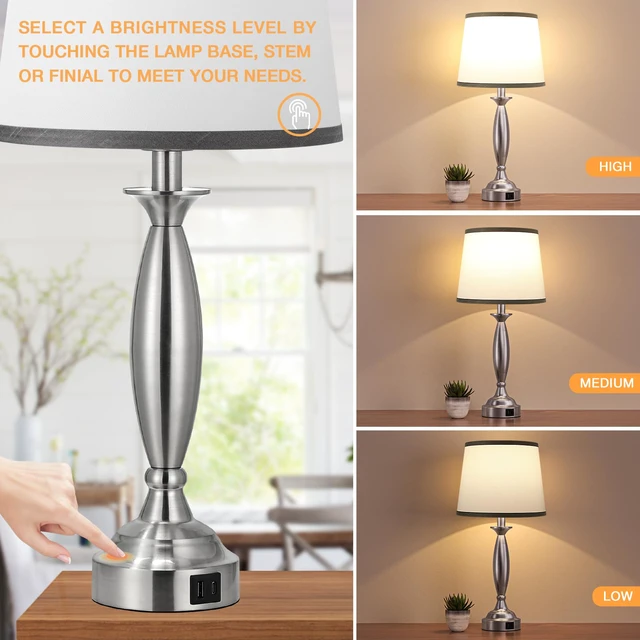 Alt view image 3 of 7 - Bedroom Lamps for Nightstand, 3 Way Dimmable Silver Bedside Lamps with USB Touch, USB C+A Ports, Bulb Included, Grayish-white Shade, Silver, Chrome, Bed Side lamps for Night Stands, Living Room