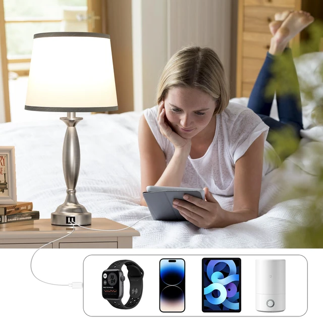 Alt view image 2 of 7 - Bedroom Lamps for Nightstand, 3 Way Dimmable Silver Bedside Lamps with USB Touch, USB C+A Ports, Bulb Included, Grayish-white Shade, Silver, Chrome, Bed Side lamps for Night Stands, Living Room