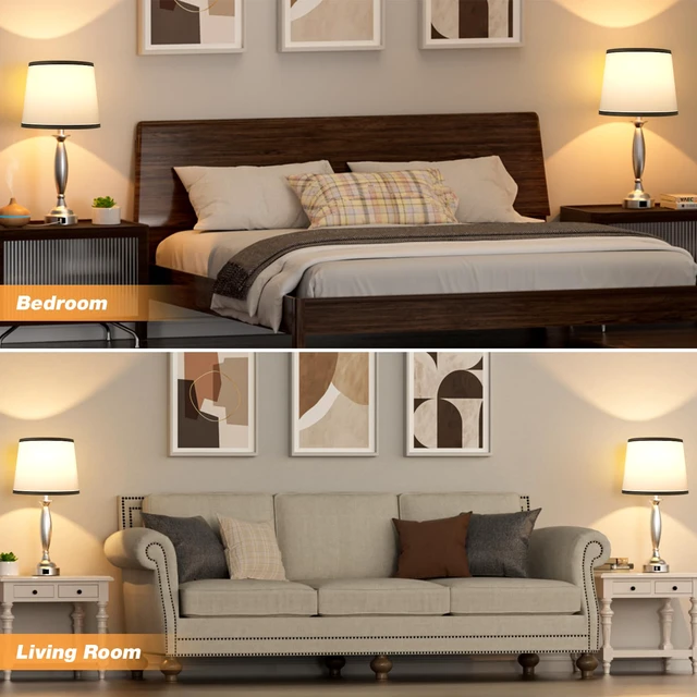Alt view image 5 of 7 - Bedroom Lamps for Nightstand, 3 Way Dimmable Silver Bedside Lamps with USB Touch, USB C+A Ports, Bulb Included, Grayish-white Shade, Silver, Chrome, Bed Side lamps for Night Stands, Living Room