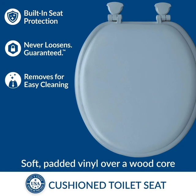 Alt view image 2 of 7 - Padded Toilet Seat, Cushioned Soft Vinyl over Wood Core Seat, Secure Hinges, Easy Clean, Made in USA, Round, Sky Blue (Pack of 2)