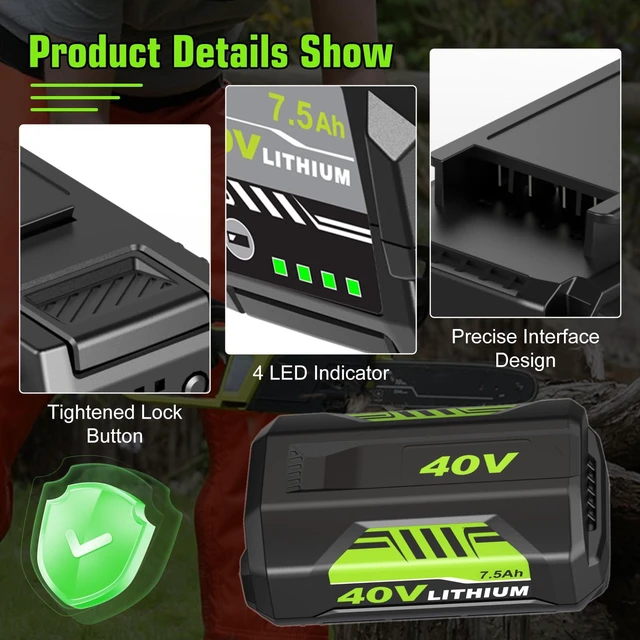 Alt view image 4 of 7 - 2Packs Lithium Replacement Battery Compatible with Ryobi 40V Battery 7.5Ah OP4050A OP40601 OP4040 OP4030 OP4050 OP40261 OP40201 OP40401 Cordless Power Tools with LED Indicator