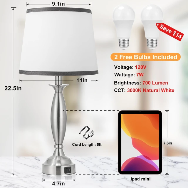 Alt view image 6 of 7 - Bedroom Lamps for Nightstand, 3 Way Dimmable Silver Bedside Lamps with USB Touch, USB C+A Ports, Bulb Included, Grayish-white Shade, Silver, Chrome, Bed Side lamps for Night Stands, Living Room