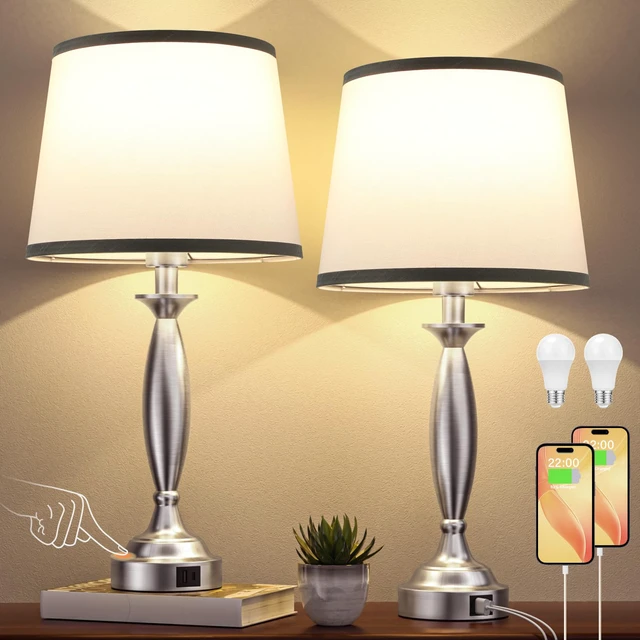 Alt view image 7 of 7 - Bedroom Lamps for Nightstand, 3 Way Dimmable Silver Bedside Lamps with USB Touch, USB C+A Ports, Bulb Included, Grayish-white Shade, Silver, Chrome, Bed Side lamps for Night Stands, Living Room
