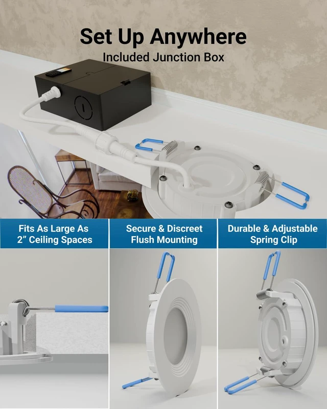 Alt view image 4 of 7 - 12 Pack 3 Inch Recessed Lighting LED, 5CCT, Canless, Slim, 6W=50W Selectable CCT 2700K/3000K/4000K/5000K/6000K, 550LM, Includes Junction Box, Dimmable, Ceiling Downlight, Slim Wafer Lighting