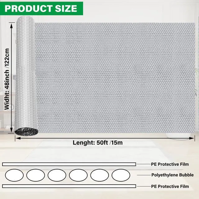 Alt view image 2 of 7 - Window Insulation Roll 48IN x 50FT Reflective Heat Shield Bubble Film Double-Sided Aluminum Foil Insulation Weatherproof Garage Door Cover for Windows RV Basement Winter Summer