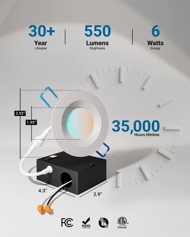 Alt view image 5 of 7 - 12 Pack 3 Inch Recessed Lighting LED, 5CCT, Canless, Slim, 6W=50W Selectable CCT 2700K/3000K/4000K/5000K/6000K, 550LM, Includes Junction Box, Dimmable, Ceiling Downlight, Slim Wafer Lighting