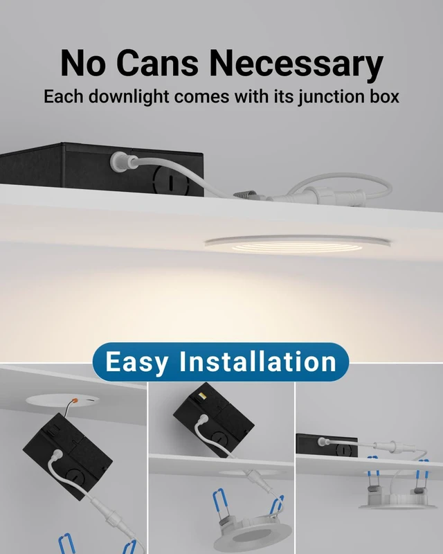Alt view image 7 of 7 - 12 Pack 3 Inch Recessed Lighting LED, 5CCT, Canless, Slim, 6W=50W Selectable CCT 2700K/3000K/4000K/5000K/6000K, 550LM, Includes Junction Box, Dimmable, Ceiling Downlight, Slim Wafer Lighting