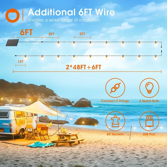Alt view image 6 of 7 - 100FT(2FT) Solar String Lights Outdoor, with 50 Bulbs, Last 20+ Hrs USB Charging, IP65 Waterproof. Dimmable Timer via Remote. Memory, 3 Modes, 2700K Warm White. Easy Install for Patio, Porch