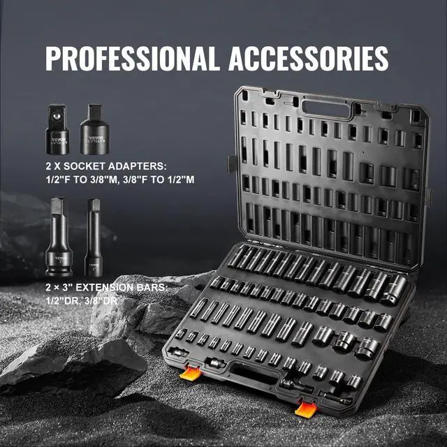Alt view image 4 of 7 - Impact Socket Set 3/8" & 1/2" Socket Set 59PCS SAE 5/16" to 1-1/4" and Metric 6-32mm, 6 Point Cr-Mo Alloy Steel for Auto Repair, Easy-to-Read Markings, Rugged Construction, Storage Case