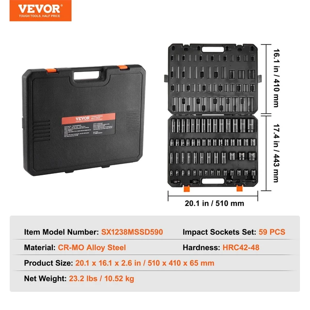 Alt view image 7 of 7 - Impact Socket Set 3/8" & 1/2" Socket Set 59PCS SAE 5/16" to 1-1/4" and Metric 6-32mm, 6 Point Cr-Mo Alloy Steel for Auto Repair, Easy-to-Read Markings, Rugged Construction, Storage Case