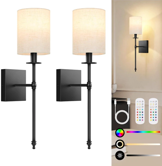 Main image of 19 inch Battery Operated Wall Sconces Set of 2 with Remote, Rechargeable Wireless Wall Lights with Beige Fabric Shade, Indoor Not Hardwired Dimmable for Bedroom Living Room Decor
