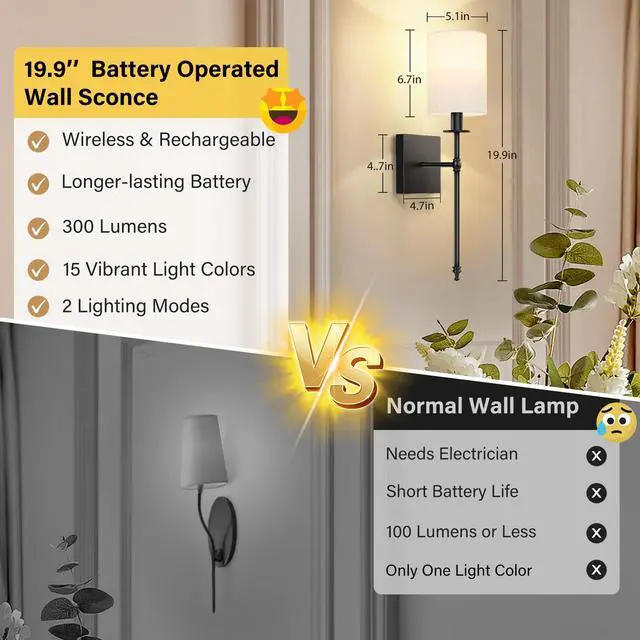 Alt view image 3 of 7 - 19 inch Battery Operated Wall Sconces Set of 2 with Remote, Rechargeable Wireless Wall Lights with Beige Fabric Shade, Indoor Not Hardwired Dimmable for Bedroom Living Room Decor