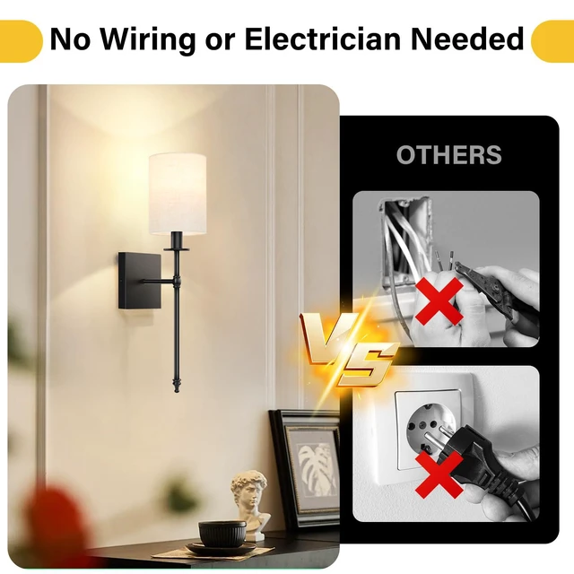 Alt view image 2 of 7 - 19 inch Battery Operated Wall Sconces Set of 2 with Remote, Rechargeable Wireless Wall Lights with Beige Fabric Shade, Indoor Not Hardwired Dimmable for Bedroom Living Room Decor