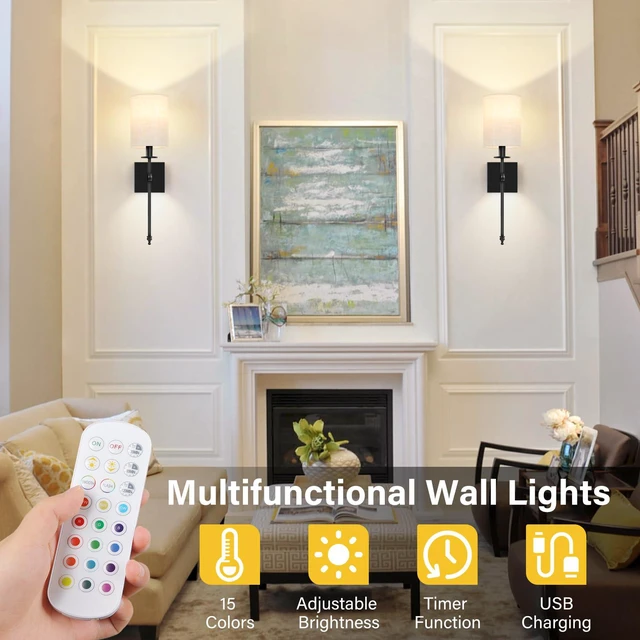 Alt view image 4 of 7 - 19 inch Battery Operated Wall Sconces Set of 2 with Remote, Rechargeable Wireless Wall Lights with Beige Fabric Shade, Indoor Not Hardwired Dimmable for Bedroom Living Room Decor