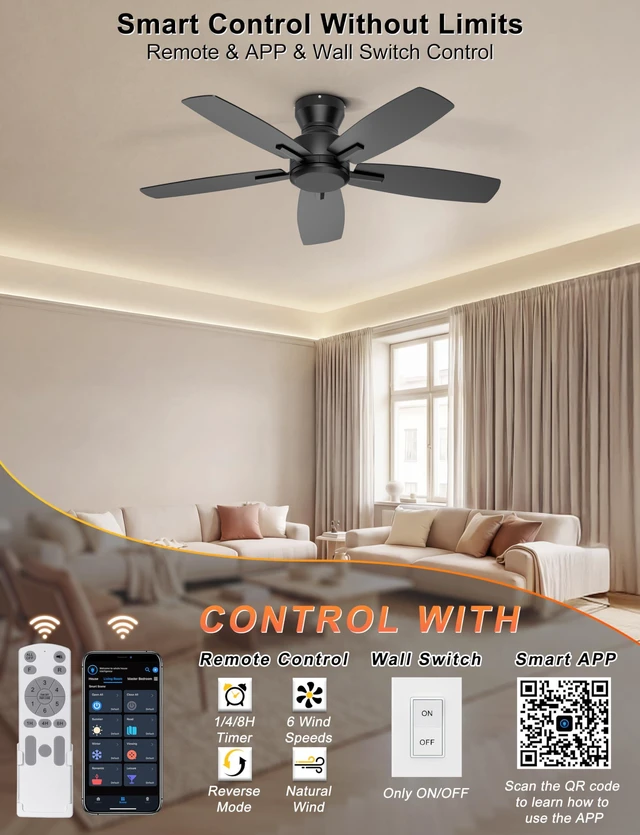 Alt view image 3 of 7 - 42'' Low Profile Ceiling Fan No Light for Bedroom Kitchen, Black Flush Mount, Remote/APP Control, Quiet Reversible DC Motor, 4400 CFM, for Indoor/Covered Outdoor Patio
