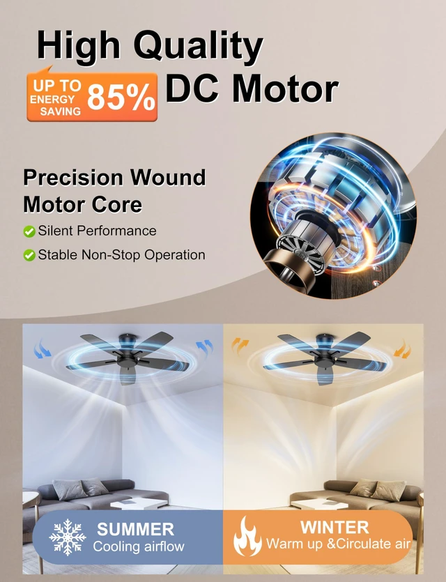 Alt view image 4 of 7 - 42'' Low Profile Ceiling Fan No Light for Bedroom Kitchen, Black Flush Mount, Remote/APP Control, Quiet Reversible DC Motor, 4400 CFM, for Indoor/Covered Outdoor Patio