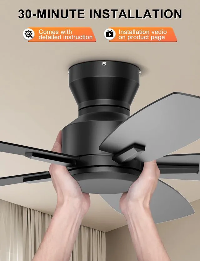Alt view image 6 of 7 - 42'' Low Profile Ceiling Fan No Light for Bedroom Kitchen, Black Flush Mount, Remote/APP Control, Quiet Reversible DC Motor, 4400 CFM, for Indoor/Covered Outdoor Patio
