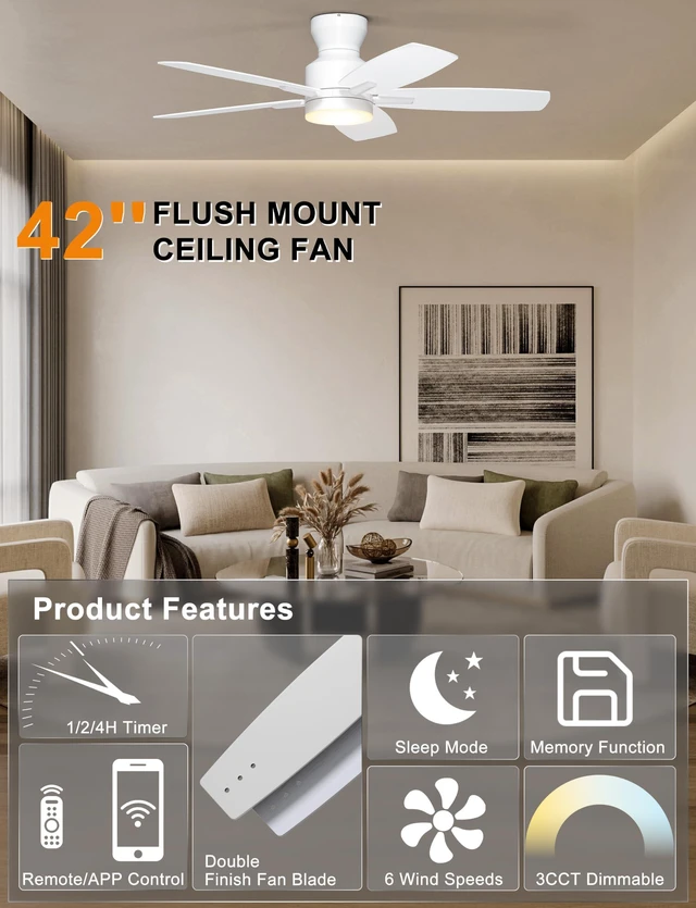Alt view image 3 of 7 - 42'' Low Profile Ceiling Fan with Lights, Remote/APP Control, White Flush Mount, Dimmable 3CCT LED, Quiet Reversible DC Motor; Memory Function, 4400 CFM, for Indoor Bedroom Kitchen Nursery