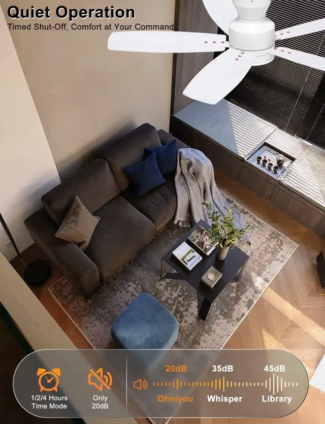 Alt view image 5 of 7 - 42'' Low Profile Ceiling Fan with Lights, Remote/APP Control, White Flush Mount, Dimmable 3CCT LED, Quiet Reversible DC Motor; Memory Function, 4400 CFM, for Indoor Bedroom Kitchen Nursery