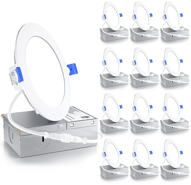 Main image of 12 Pack 4 Inch LED Recessed Light, 6000K Dimmable Canless Wafer 6000K Clear White, 5%-100% Dimmable, 750LM 9W 120V, IC & Damp Rated, ETL & FCC & UL Certified, 50000h Life Span