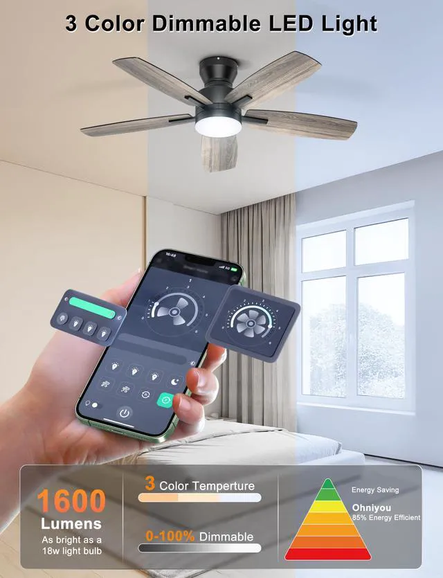Alt view image 4 of 7 - 42'' Low Profile Ceiling Fan with Lights, Remote/APP Control, Black Flush Mount, Dimmable 3CCT LED, Quiet Reversible DC Motor; Memory Function, 4400 CFM, for Indoor Bedroom Kitchen