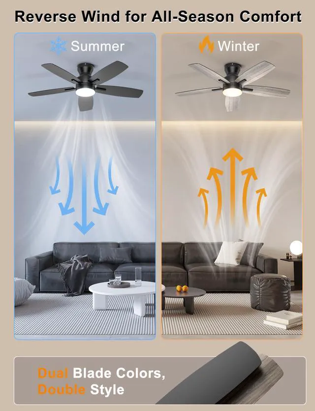 Alt view image 6 of 7 - 42'' Low Profile Ceiling Fan with Lights, Remote/APP Control, Black Flush Mount, Dimmable 3CCT LED, Quiet Reversible DC Motor; Memory Function, 4400 CFM, for Indoor Bedroom Kitchen