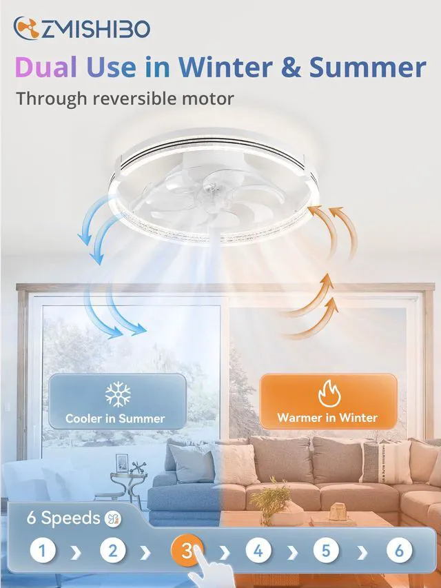 Alt view image 4 of 7 - RGB Ceiling Fan with Light, 20'' Low Profile Ceiling Fans Flush Mount Modern Ceiling Fan and Remote Control, 3000K-7000K Dimmable & RGB, Modern Fandelier for Bedroom, Living Room