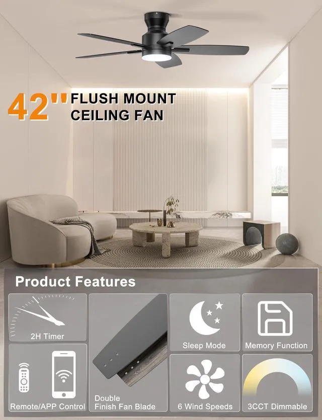 Alt view image 3 of 7 - 42'' Low Profile Ceiling Fan with Lights, Remote/APP Control, Black Flush Mount, Dimmable 3CCT LED, Quiet Reversible DC Motor; Memory Function, 4400 CFM, for Indoor Bedroom Kitchen
