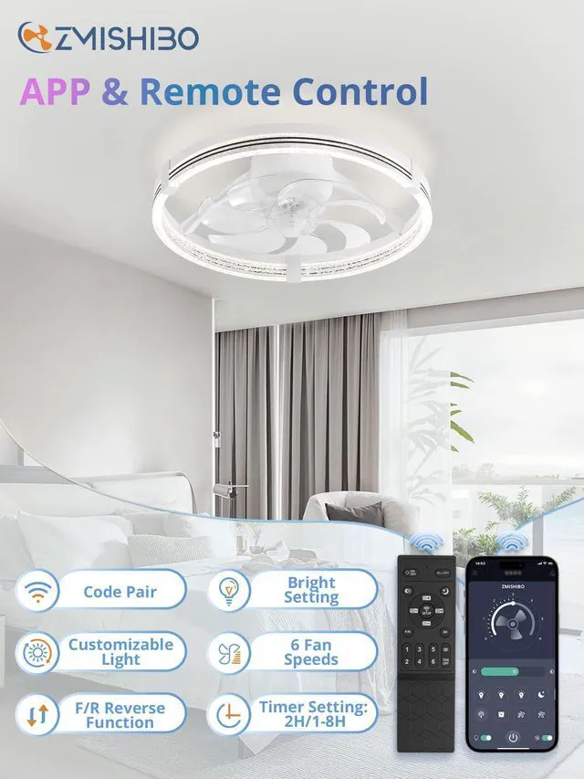 Alt view image 2 of 7 - RGB Ceiling Fan with Light, 20'' Low Profile Ceiling Fans Flush Mount Modern Ceiling Fan and Remote Control, 3000K-7000K Dimmable & RGB, Modern Fandelier for Bedroom, Living Room