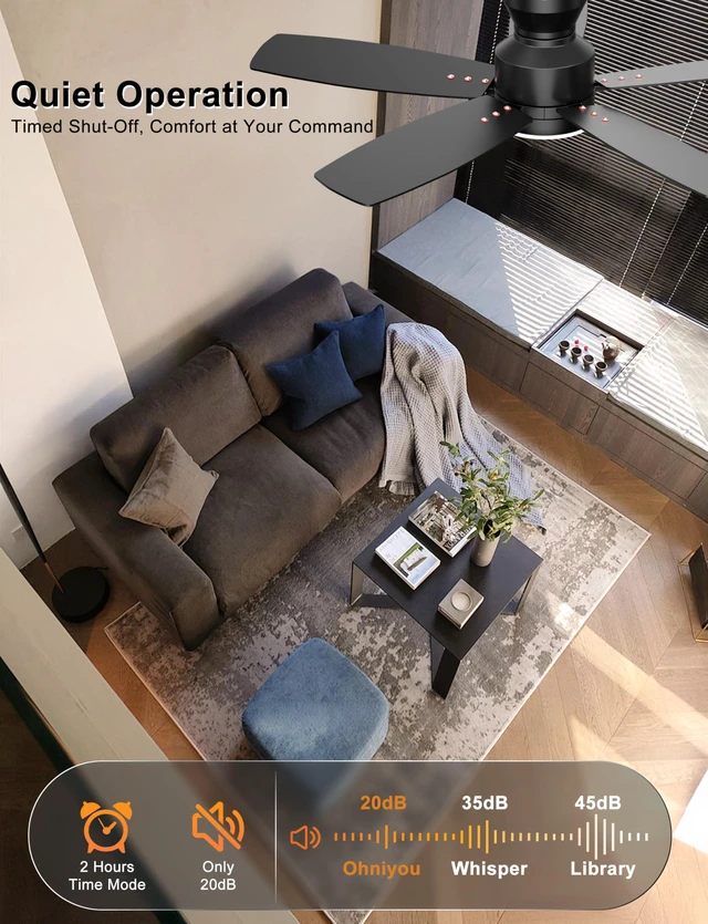 Alt view image 5 of 7 - 42'' Low Profile Ceiling Fan with Lights, Remote/APP Control, Black Flush Mount, Dimmable 3CCT LED, Quiet Reversible DC Motor; Memory Function, 4400 CFM, for Indoor Bedroom Kitchen