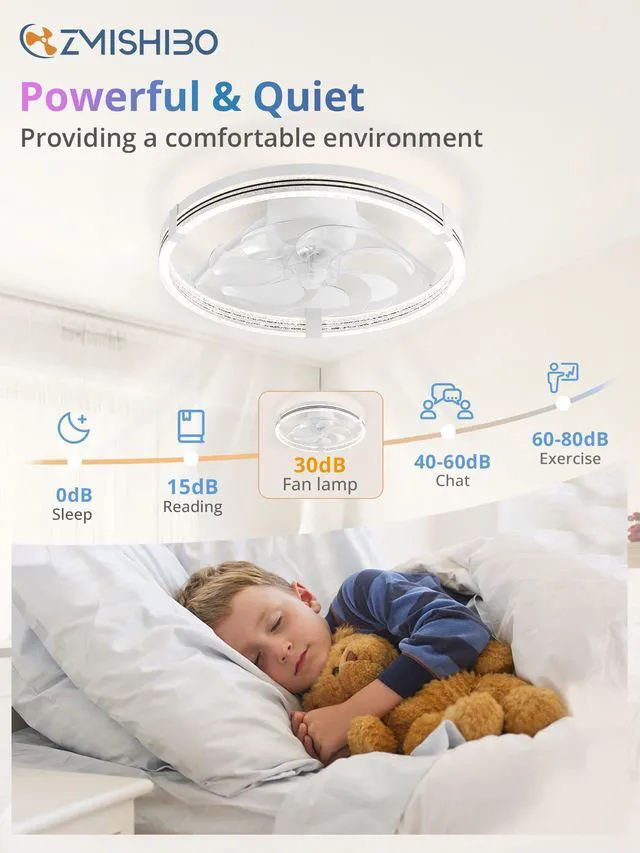 Alt view image 5 of 7 - RGB Ceiling Fan with Light, 20'' Low Profile Ceiling Fans Flush Mount Modern Ceiling Fan and Remote Control, 3000K-7000K Dimmable & RGB, Modern Fandelier for Bedroom, Living Room